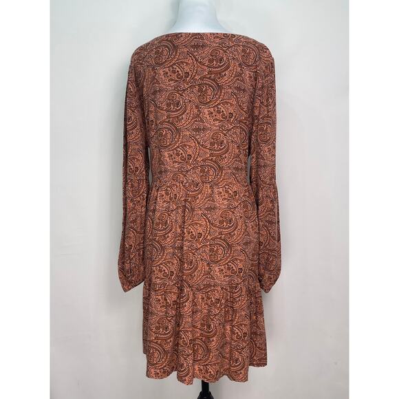 Lucky Brand Burnt Orange Paisley Tiered Midi Dress Long Sleeve Boho Chic Size M - Picture 3 of 11
